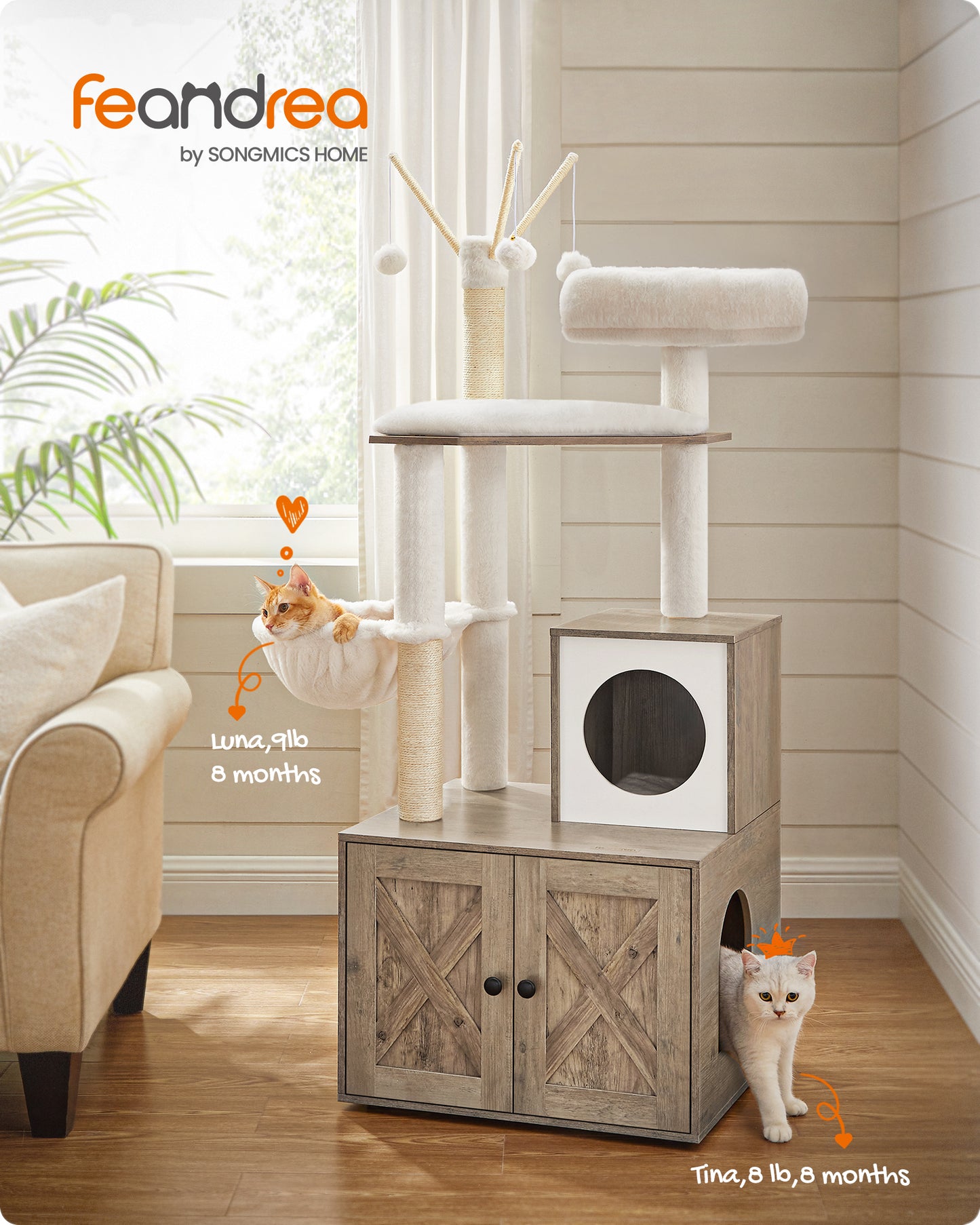 Modern Cat Tree with Litter Box Enclosure - 2-in-1 Cat Tower, 55.1-Inch Cat Condo with Scratching Posts, Removable Pompom Sticks - Greige