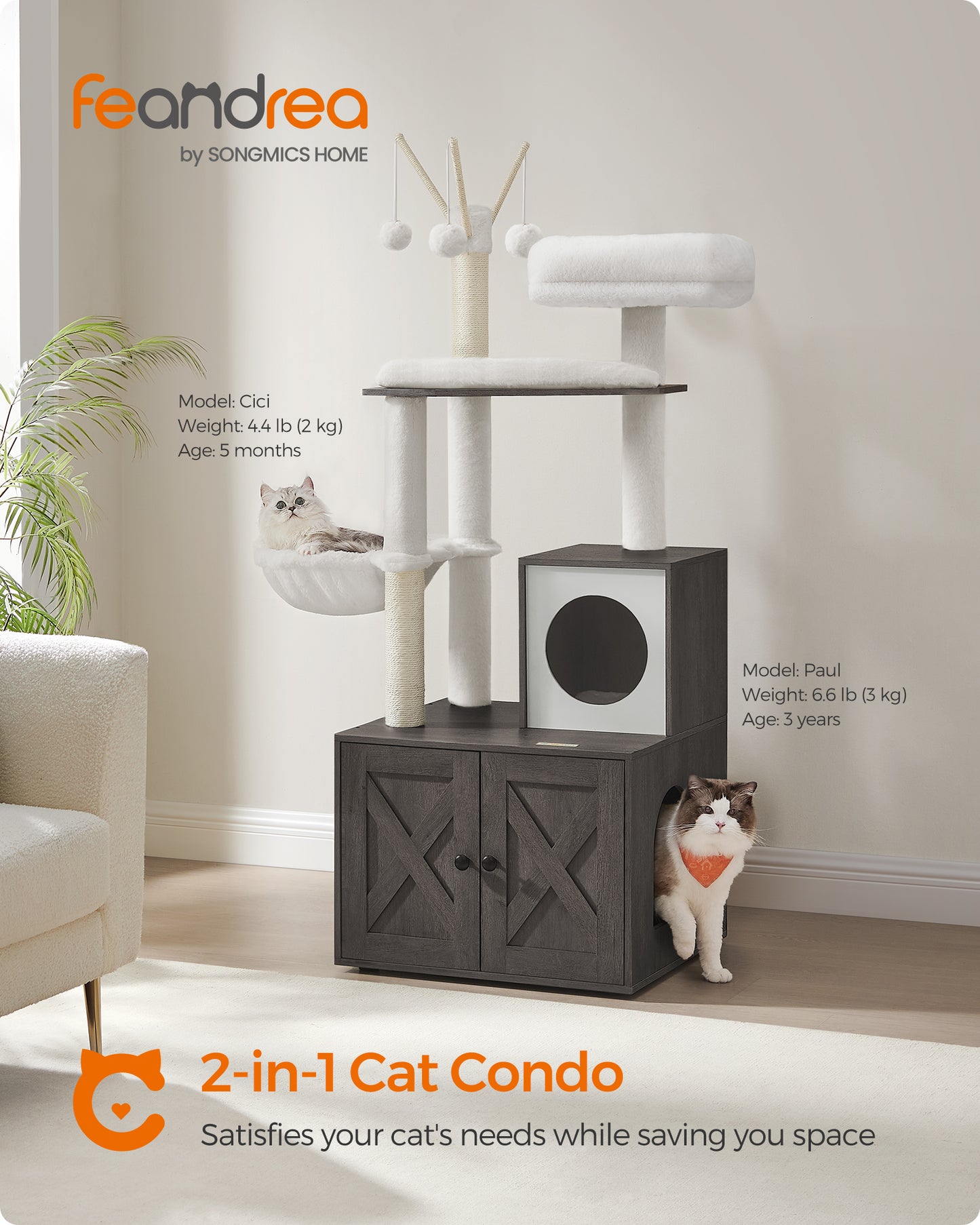 Modern Cat Tree with Litter Box Enclosure - 2-in-1 Cat Tower, 55.1-Inch Cat Condo with Scratching Posts, Removable Pompom Sticks - Misty Gray