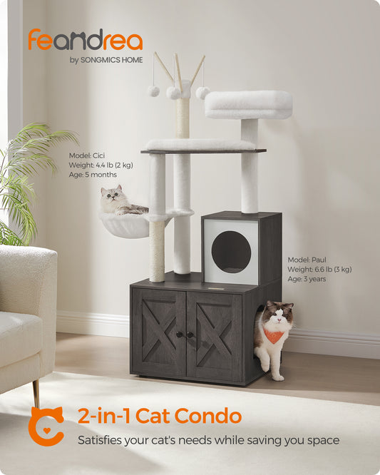 Modern Cat Tree with Litter Box Enclosure - 2-in-1 Cat Tower, 55.1-Inch Cat Condo with Scratching Posts, Removable Pompom Sticks - Misty Gray