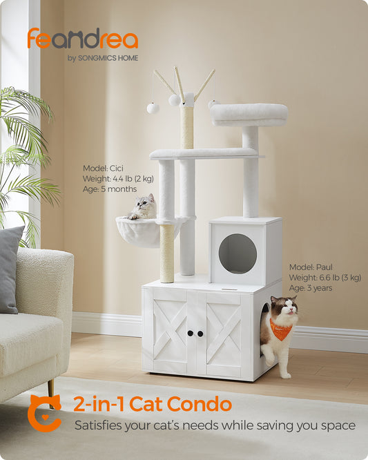 Cloud White 2-in-1 modern cat tree with litter box enclosure. A 55.1-inch cat condo equipped with scratching posts and removable pompom sticks