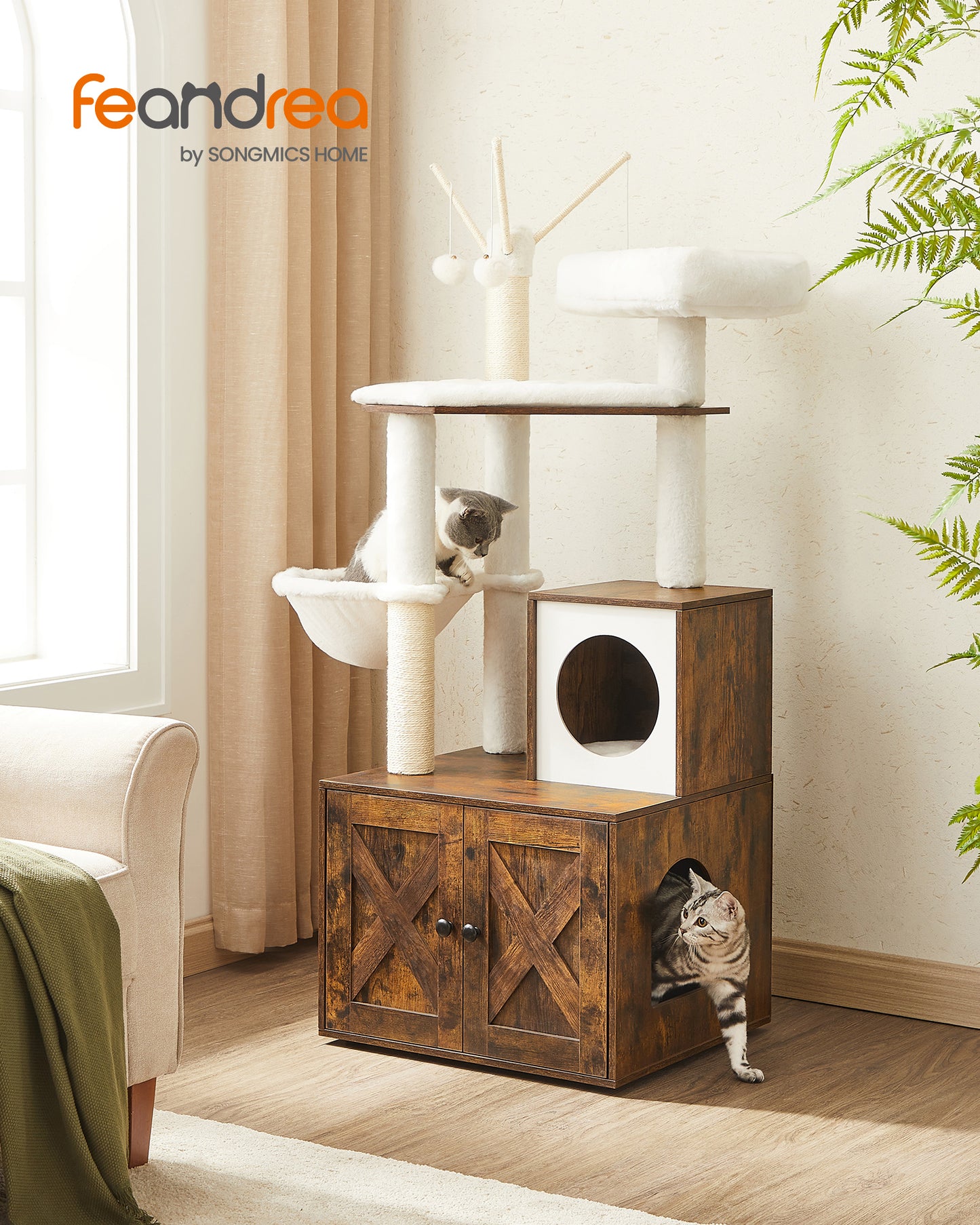 Modern Cat Tree with Litter Box Enclosure - 2-in-1 Cat Tower, 55.1-Inch Cat Condo with Scratching Posts, Removable Pompom Sticks - Rustic Brow