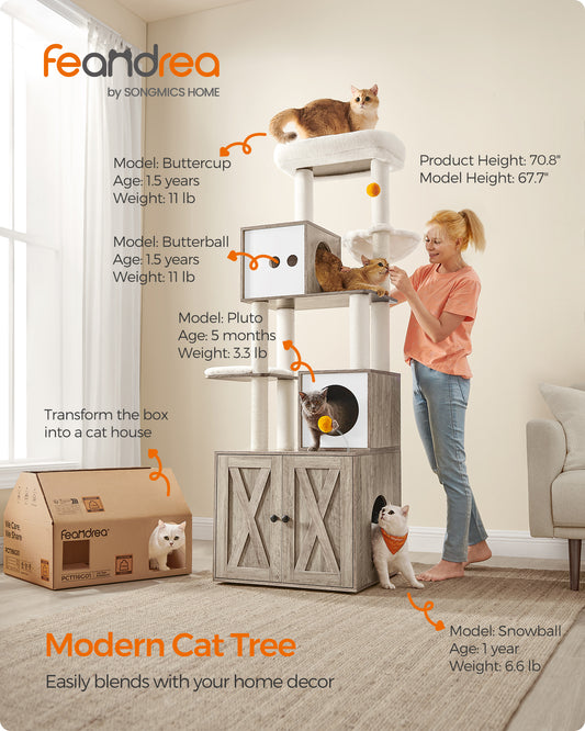 Cat Tree with Litter Box Enclosure - 2-in-1 Modern Cat Tower | 72.8-Inch Tall Condo with Scratching Posts, Perch, Caves, Basket, Washable Cushions, Greige