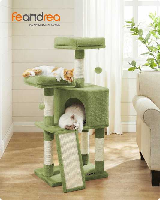 45.3-Inch Cat Tower with Scratching Ramp, Multi-Level Cat Condo with Spacious Cave & 2 Perches, 110 lb Capacity for Adult Cats Kittens, Grass Green