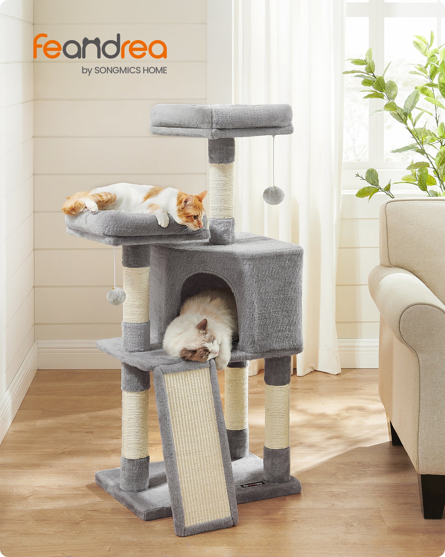 Feandrea Cat Tower, Cat Tree for Indoor Cats, 45.3-Inch Cat Condo with Scratching Post, Ramp, Perch, for Kittens, Elderly Cats, Adult Cats