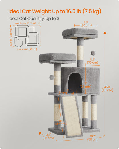 Feandrea Cat Tower, Cat Tree for Indoor Cats, 45.3-Inch Cat Condo with Scratching Post, Ramp, Perch, for Kittens, Elderly Cats, Adult Cats