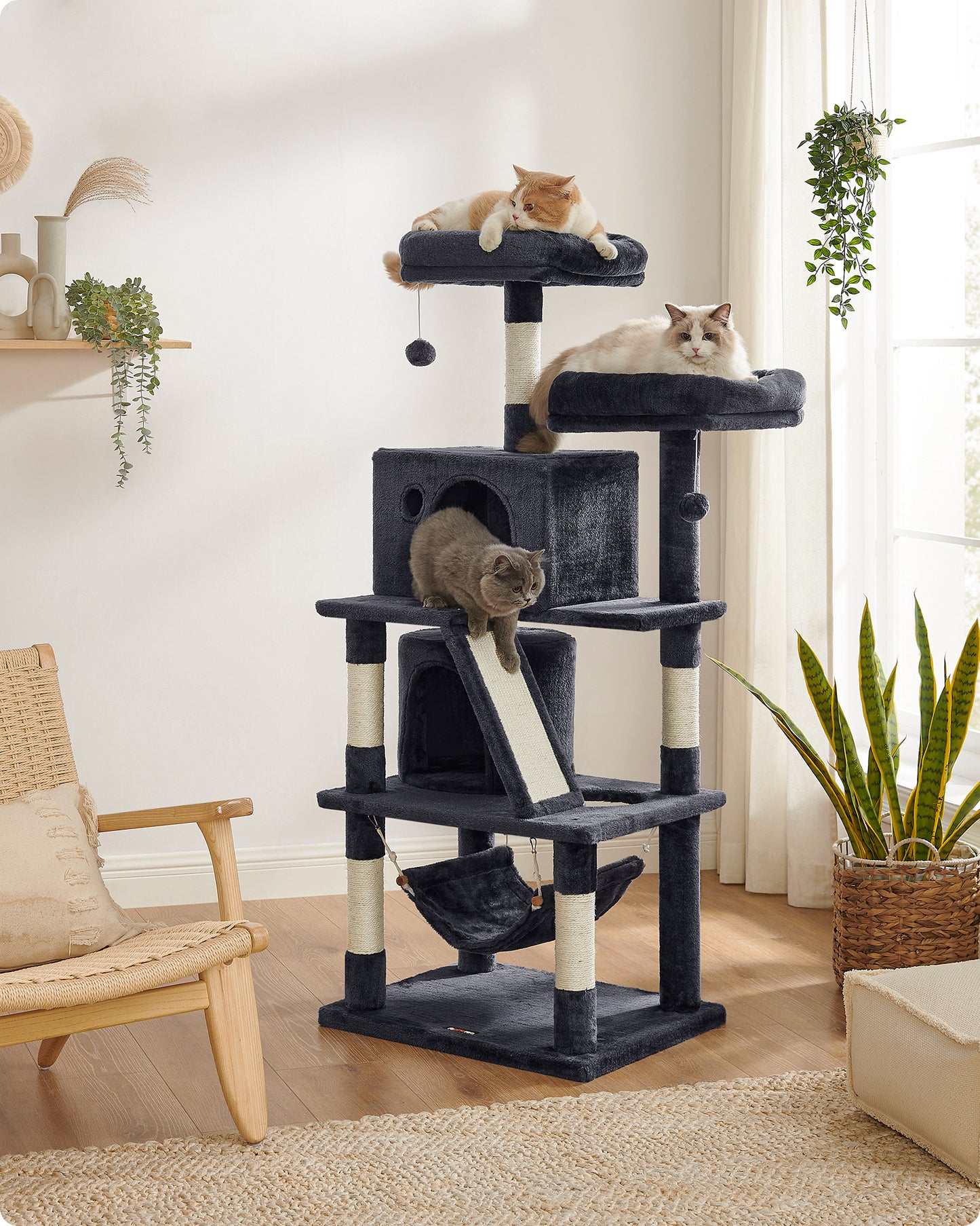 61" Cat Tree Cat Tower with 2 Cat Caves Cat Activity Center with Scratching Posts and Board Smoky Gray
