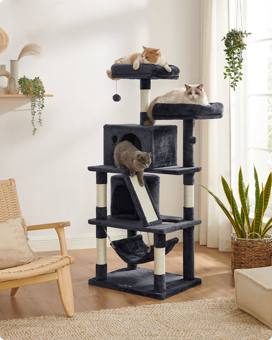 61" Cat Tree Cat Tower with 2 Cat Caves Cat Activity Center with Scratching Posts and Board Smoky Gray