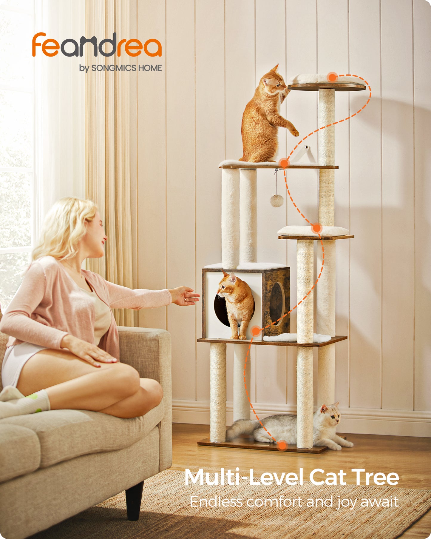WoodyWonders Cat Tree, 65-Inch Modern Cat Tower for Indoor Cats, Multi-Level Cat Condo with Scratching Posts, Cat Furniture, Rustic Brown