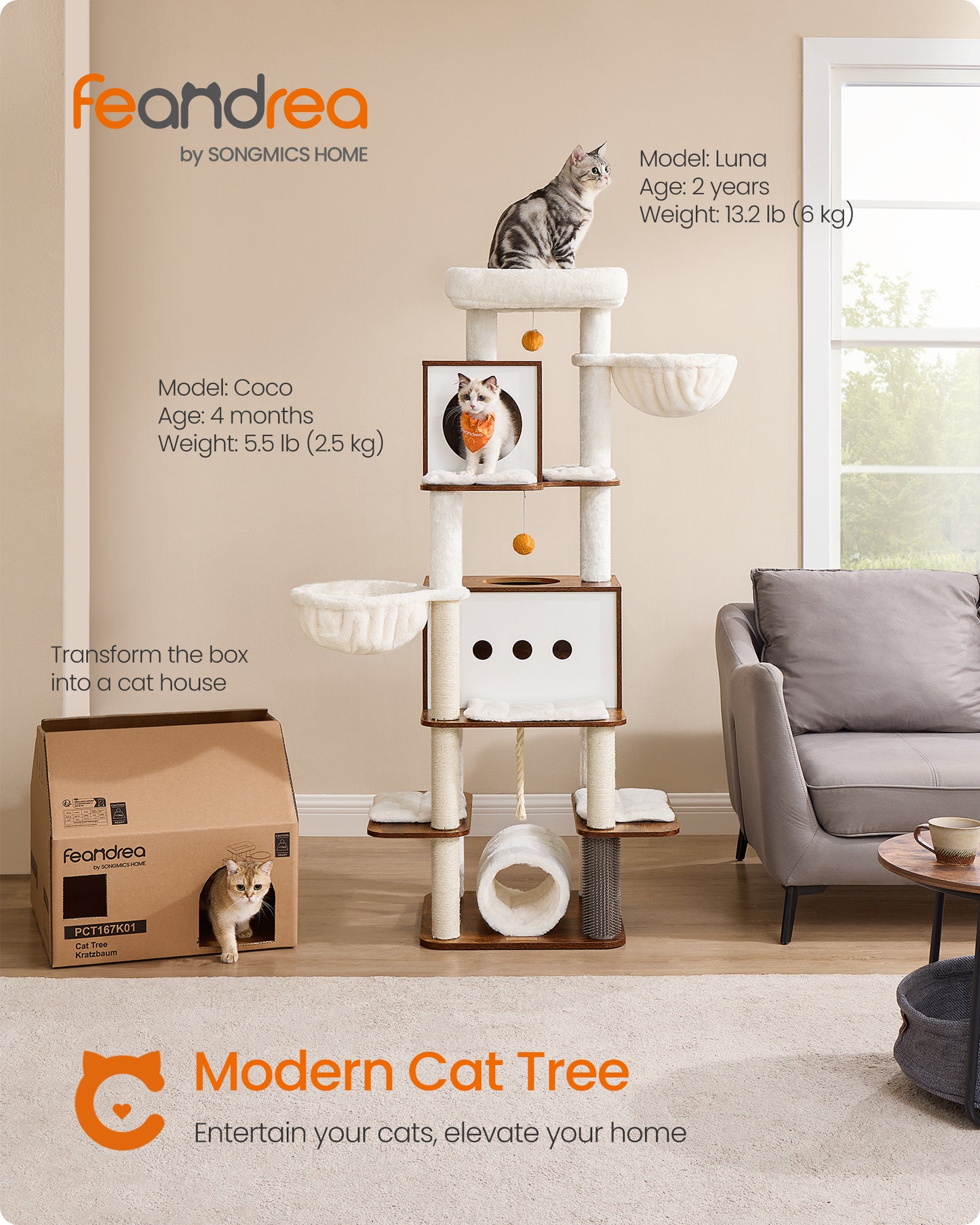 64.5-Inch Cat Tree Tall Cat Tower for Large Indoor, Multi-Level Cat Condo with 2 Caves, 2 Hammocks, 4 Scratching Posts, Cat Houses, Rustic Brown