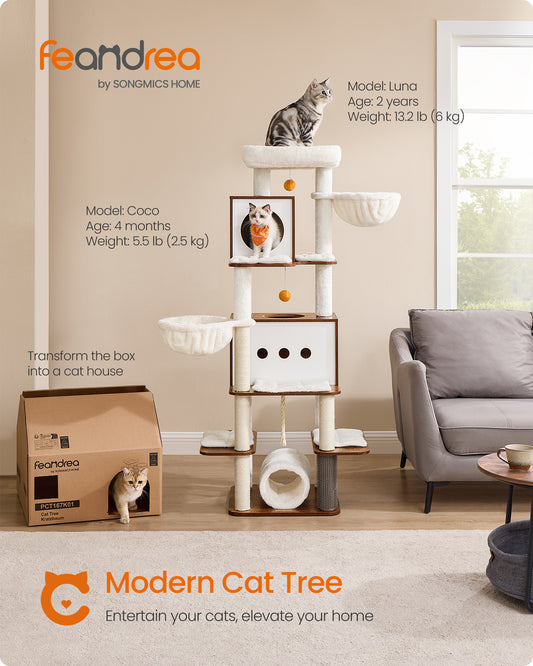 64.5-Inch Cat Tree Tall Cat Tower for Large Indoor, Multi-Level Cat Condo with 2 Caves, 2 Hammocks, 4 Scratching Posts, Cat Houses, Rustic Brown