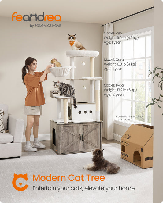 Cat Tree, 66.9-Inch Cat Tower with Litter Box Enclosure, Large Cat Condo with Scratching Posts, Food Station, Hammock, Washable Cushions, Heather Greige
