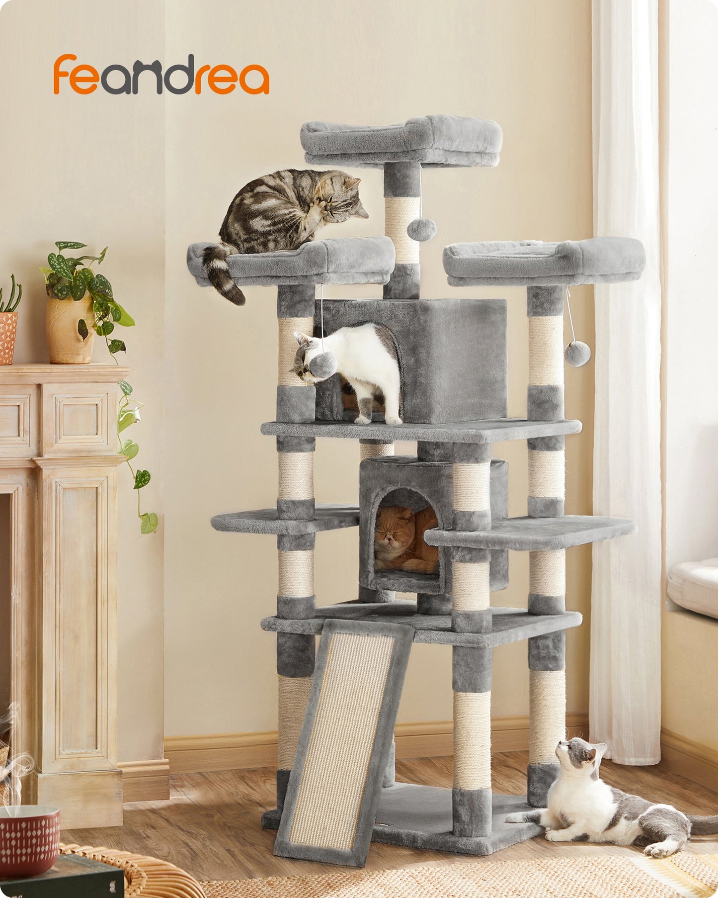 67-Inch Multi-Level Cat Tree for Large Cats, with Cozy Perches, Stable, Light Gray