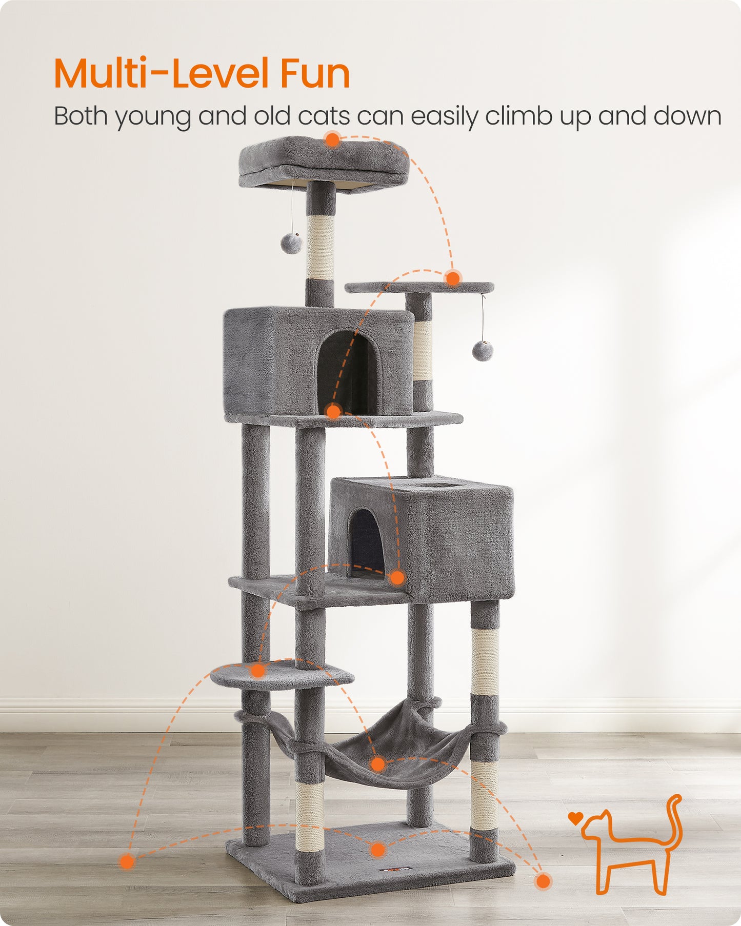 Cat Tree, 75.2″ H Cat Tower for Indoor Cats, Plush Multi-Level Cat Condo Smoky Gray