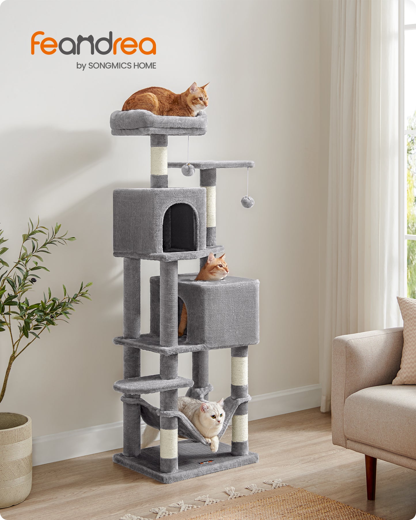 Feandrea Cat Tree, Cat Tower for Indoor Cats, Cat Condo with 5 Scratching Posts, 2 Perches, 2 Caves, Hammock, 2 Pompoms, Light Gray