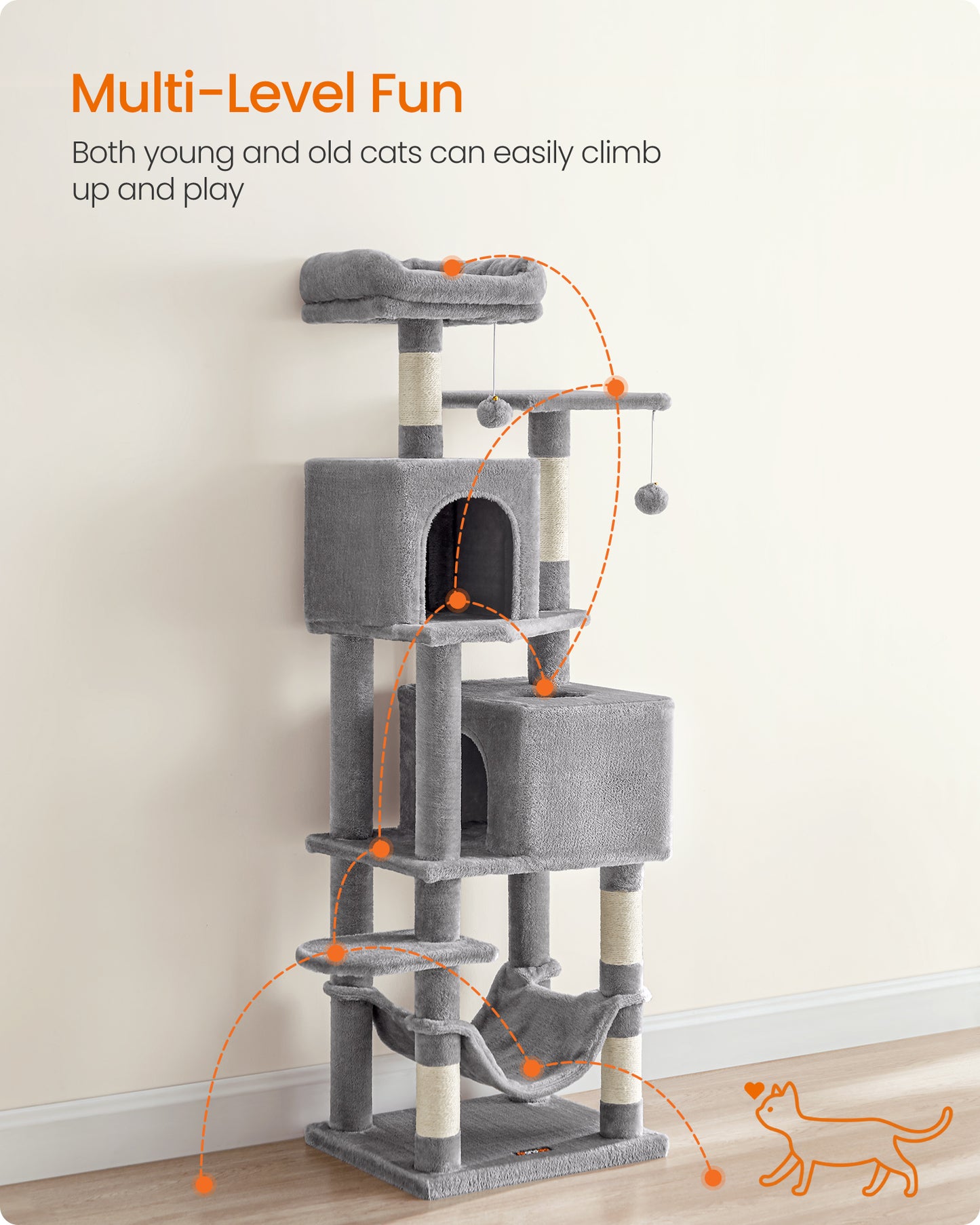 Feandrea Cat Tree, Cat Tower for Indoor Cats, Cat Condo with 5 Scratching Posts, 2 Perches, 2 Caves, Hammock, 2 Pompoms, Light Gray