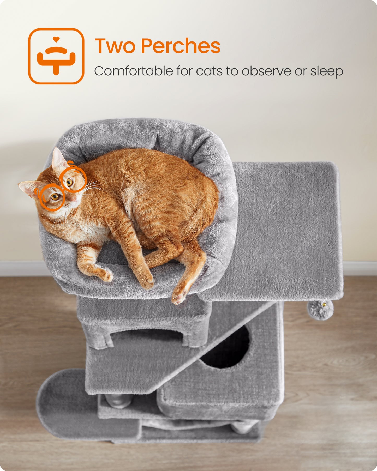 Feandrea Cat Tree, Cat Tower for Indoor Cats, Cat Condo with 5 Scratching Posts, 2 Perches, 2 Caves, Hammock, 2 Pompoms, Light Gray