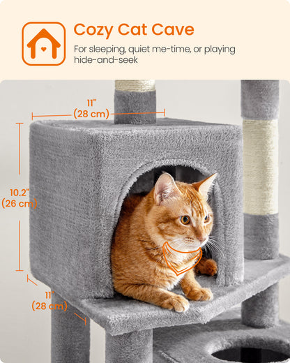 Feandrea Cat Tree, Cat Tower for Indoor Cats, Cat Condo with 5 Scratching Posts, 2 Perches, 2 Caves, Hammock, 2 Pompoms, Light Gray