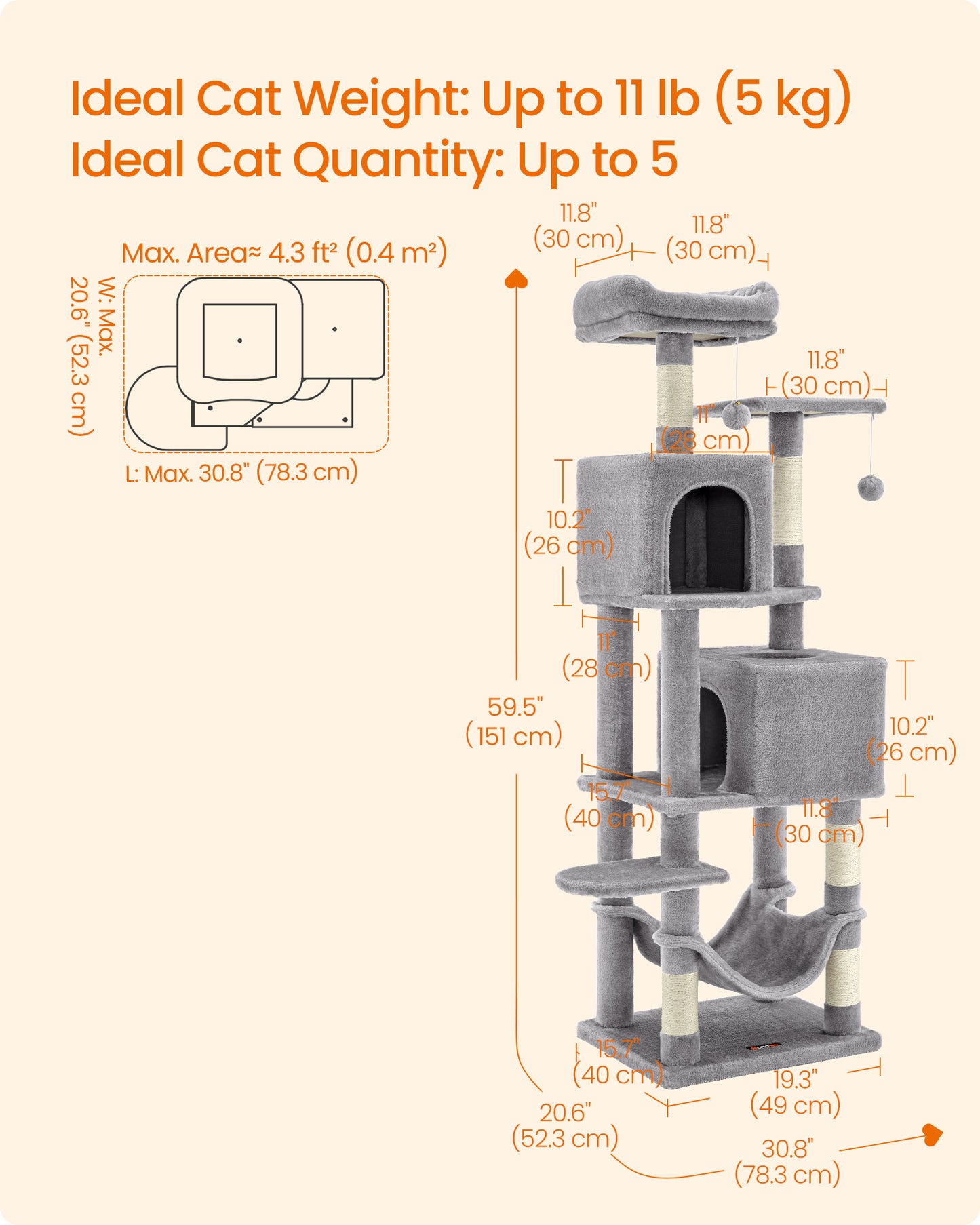 Feandrea Cat Tree, Cat Tower for Indoor Cats, Cat Condo with 5 Scratching Posts, 2 Perches, 2 Caves, Hammock, 2 Pompoms, Light Gray
