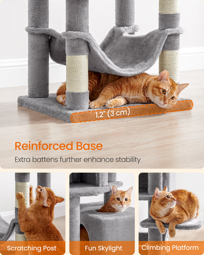 Feandrea Cat Tree, Cat Tower for Indoor Cats, Cat Condo with 5 Scratching Posts, 2 Perches, 2 Caves, Hammock, 2 Pompoms, Light Gray