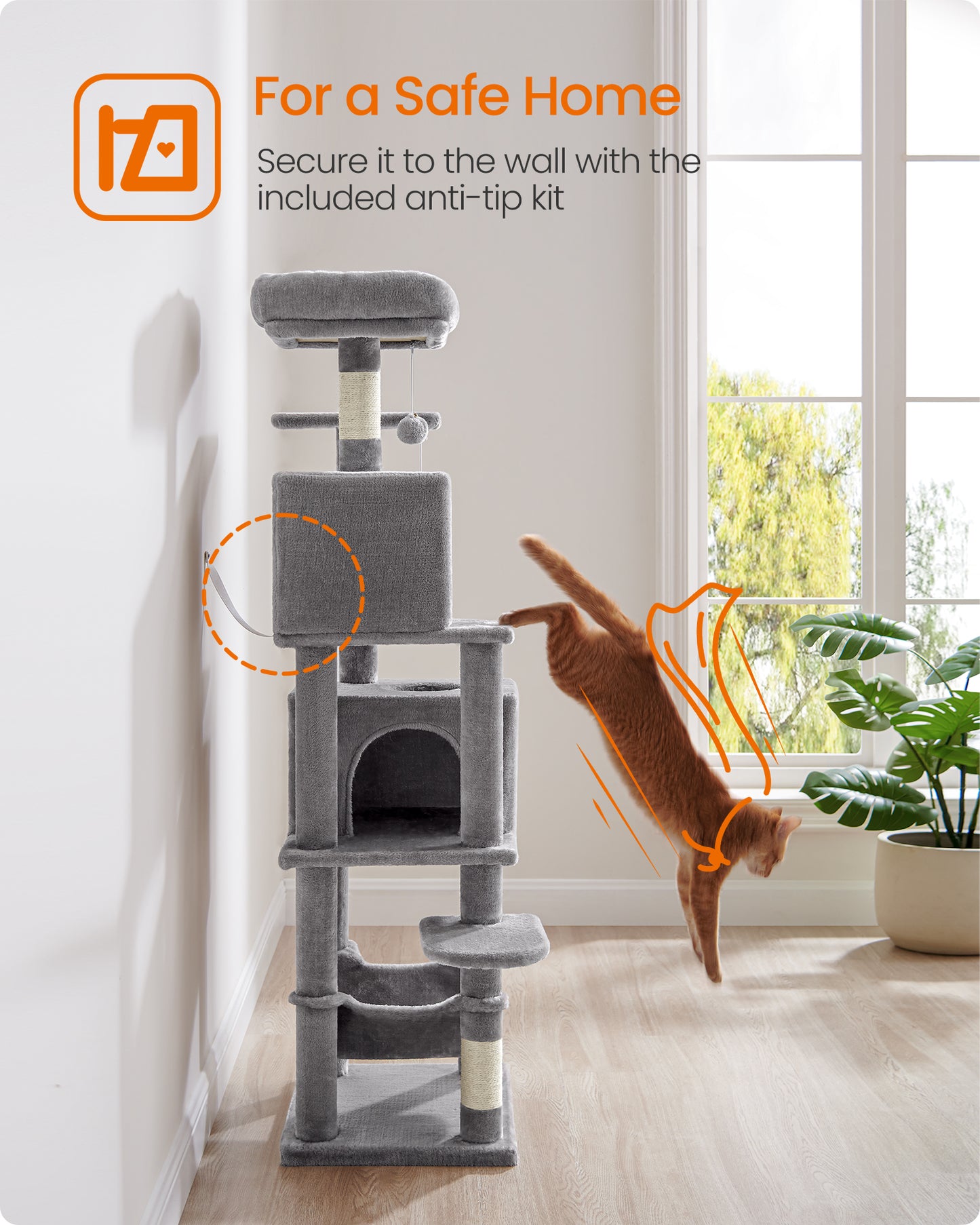 Feandrea Cat Tree, Cat Tower for Indoor Cats, Cat Condo with 5 Scratching Posts, 2 Perches, 2 Caves, Hammock, 2 Pompoms, Light Gray