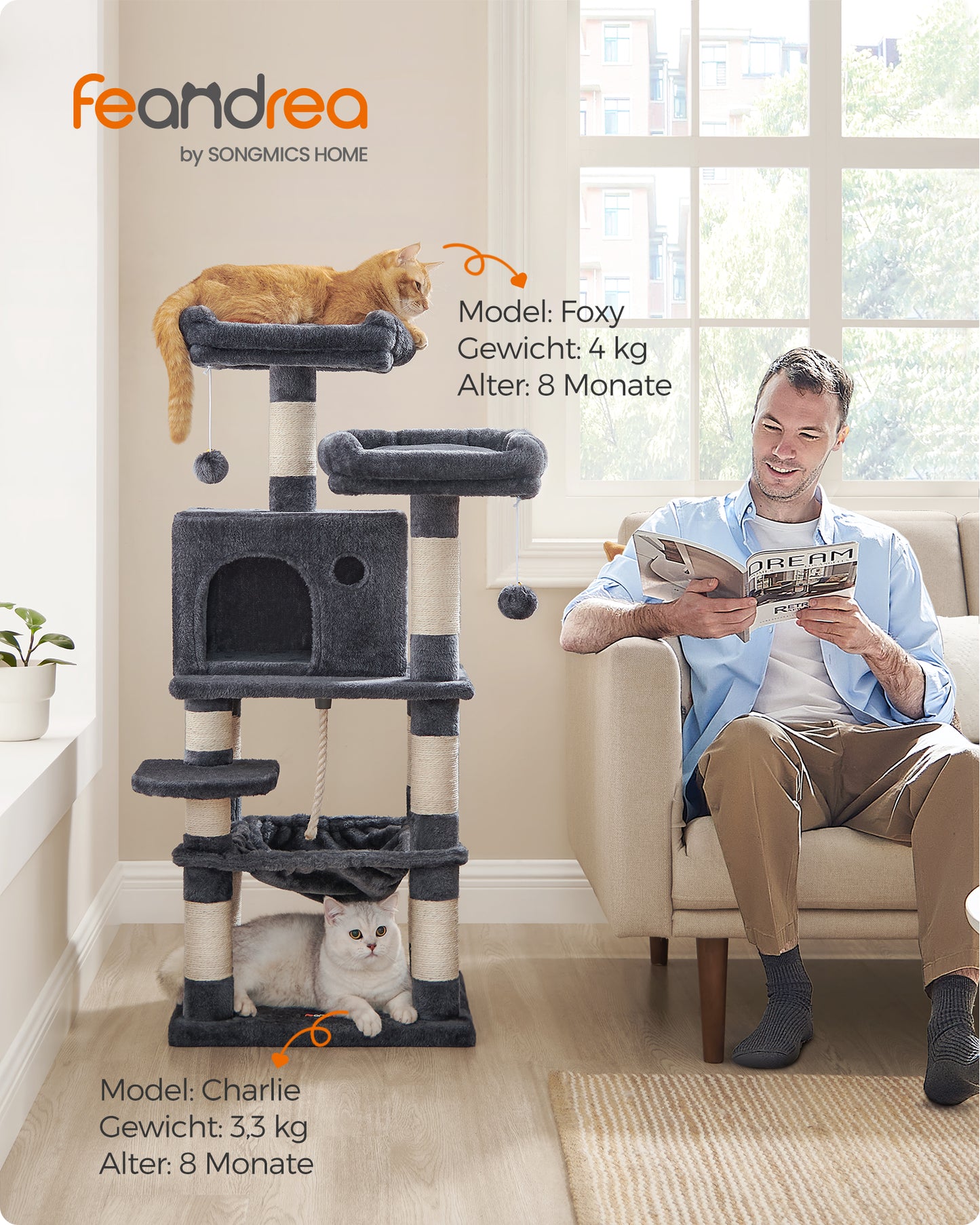 Smoky Gray 44.1 - Inch Cat Tree. Multi - level cat condo for indoor cats, equipped with 11 scratching posts, 2 perches, a cave, and a hammock。