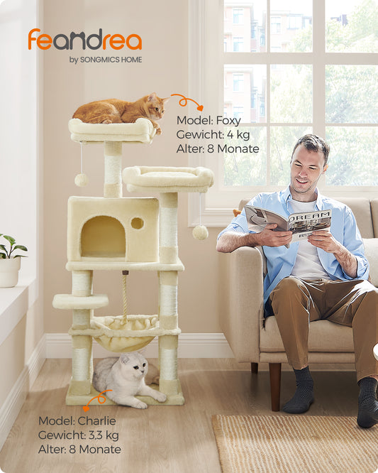 Cat Tree 44.1-Inch Cat Tower for Indoor Cats, Multi-Level Cat Condo with 11 Scratching Posts, 2 Perches, Cave, Hammock, Beige