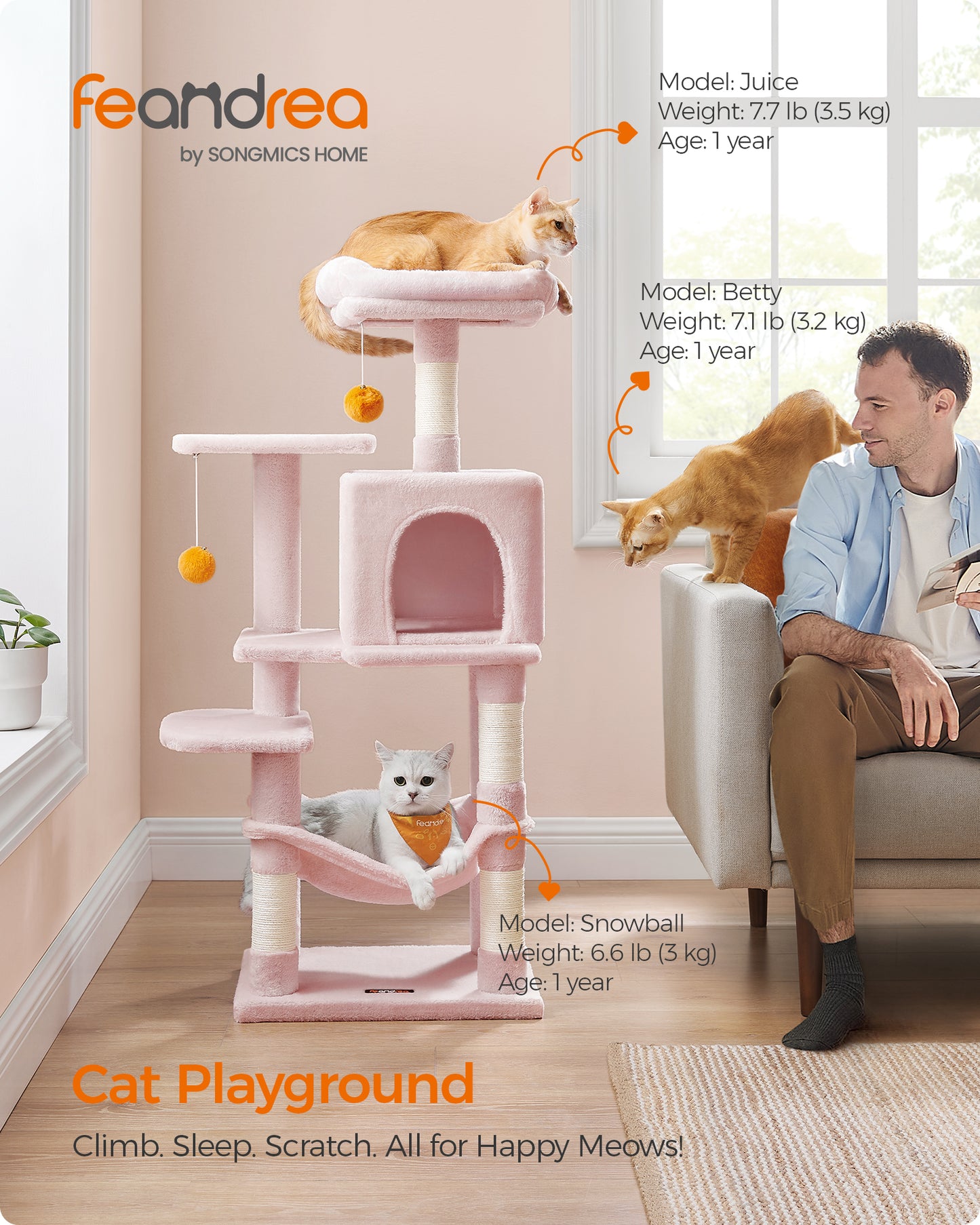 44.1' Cat Tree Tower for Indoor Cats ,Multi-Level Cat Condo Cat Furniture with Scratching Posts, Perches, Hammock, Cave ,Jelly Pink