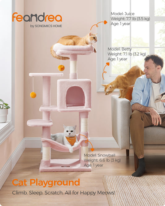 44.1' Cat Tree Tower for Indoor Cats ,Multi-Level Cat Condo Cat Furniture with Scratching Posts, Perches, Hammock, Cave ,Jelly Pink