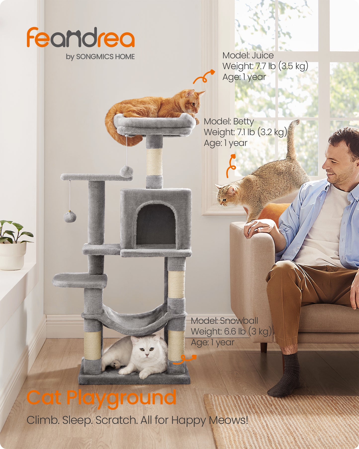 44.1' Cat Tree Tower for Indoor Cats ,Multi-Level Cat Condo Cat Furniture with Scratching Posts, Perches, Hammock, Cave , Light Gray