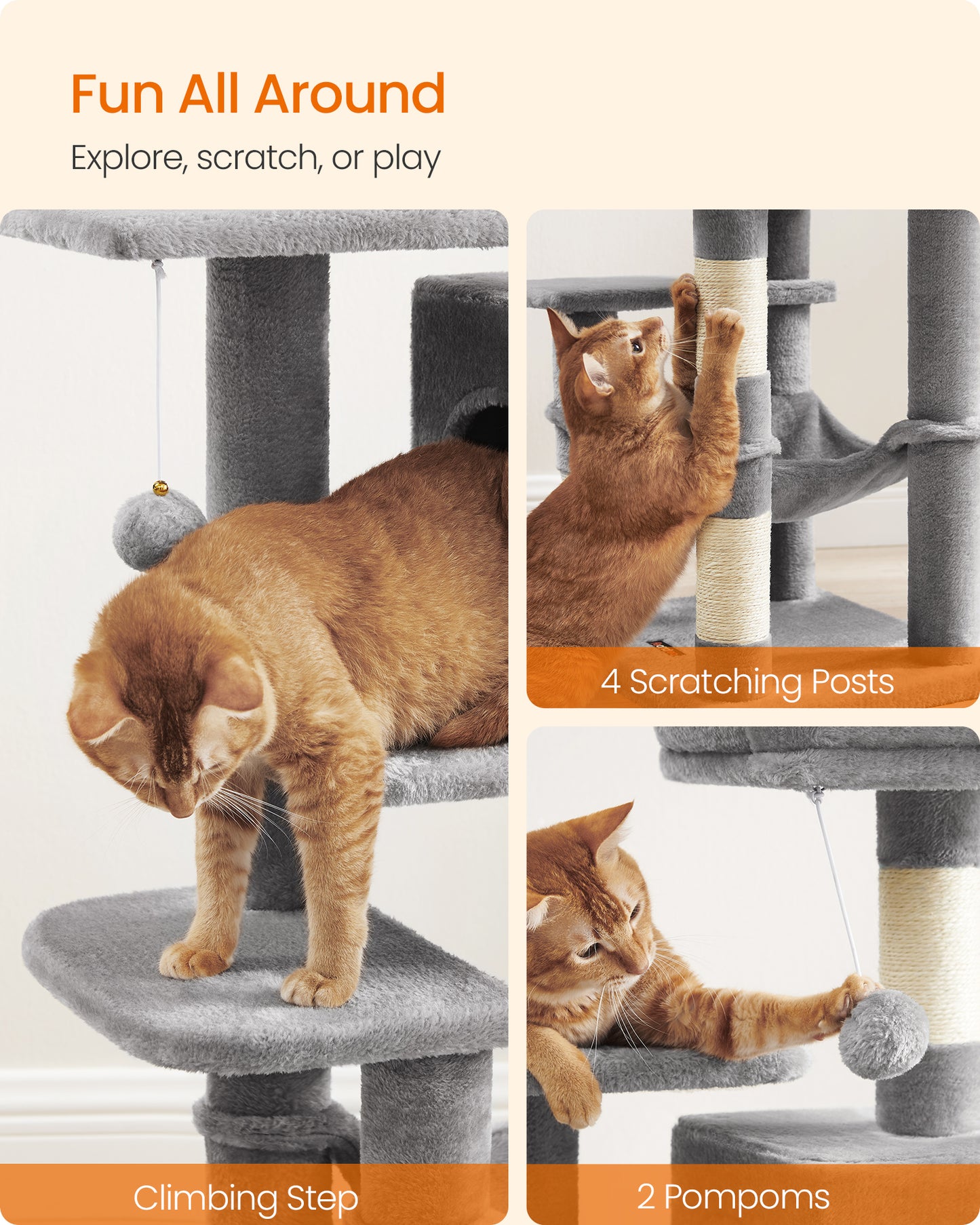 44.1' Cat Tree Tower for Indoor Cats ,Multi-Level Cat Condo Cat Furniture with Scratching Posts, Perches, Hammock, Cave , Light Gray