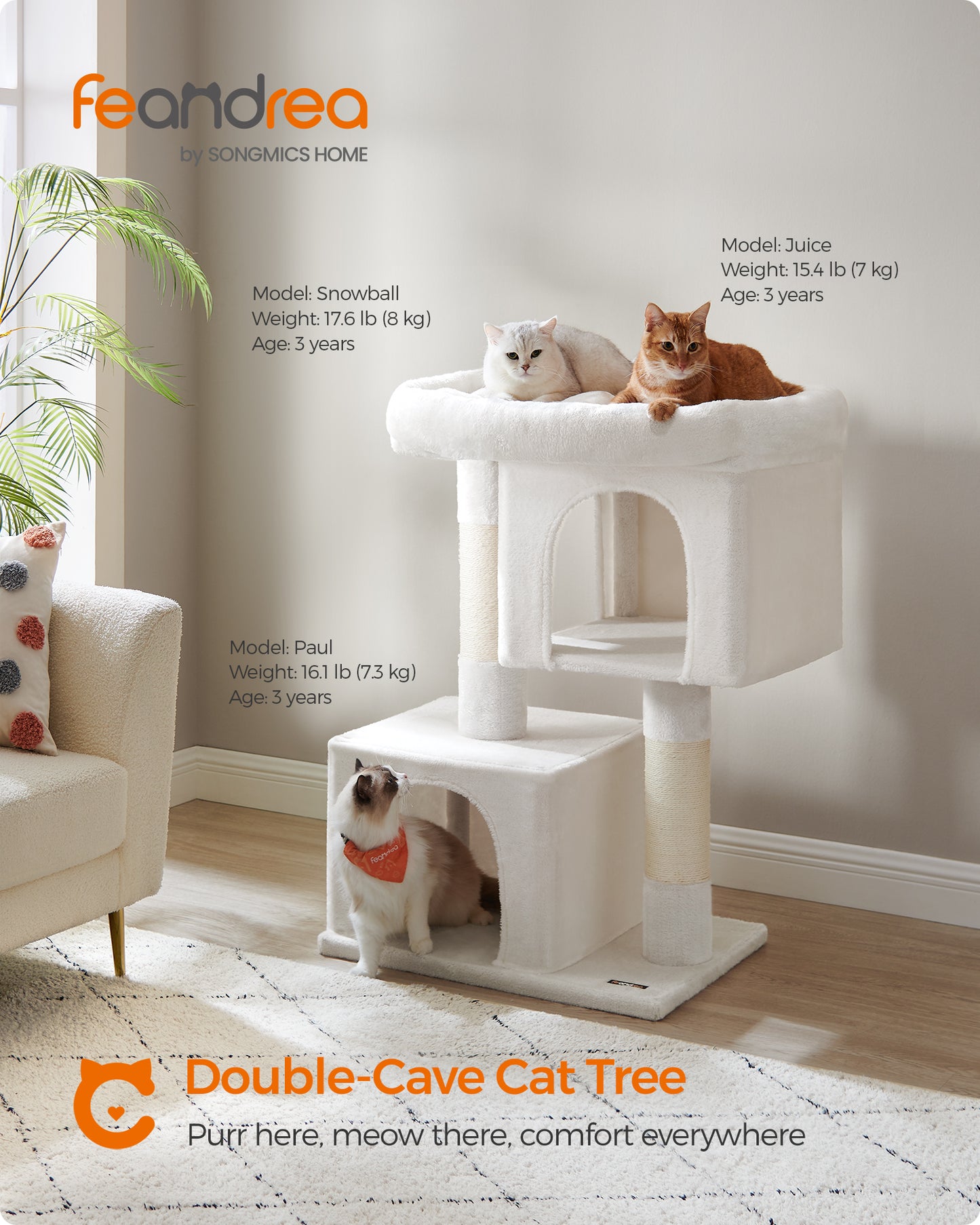 Cat Tree 39.8-Inch Cat Tower for Extra Large Cats up to 44 lb, Cat Condo with Large Perch, 2 Cat Caves, Scratching Post, White