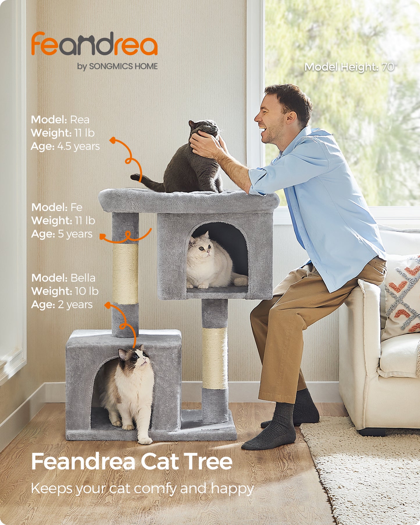 Cat Tree 39.8-Inch Cat Tower for Extra Large Cats up to 44 lb, Cat Condo with Large Perch, 2 Cat Caves, Scratching Post, Light Gray