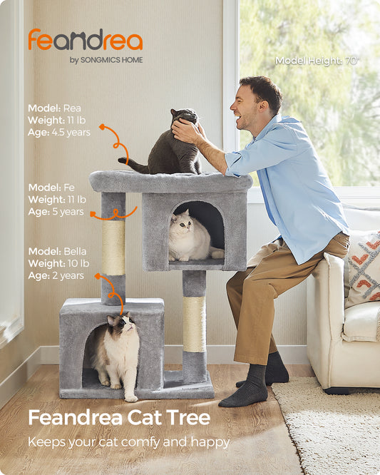 Cat Tree 39.8-Inch Cat Tower for Extra Large Cats up to 44 lb, Cat Condo with Large Perch, 2 Cat Caves, Scratching Post, Light Gray