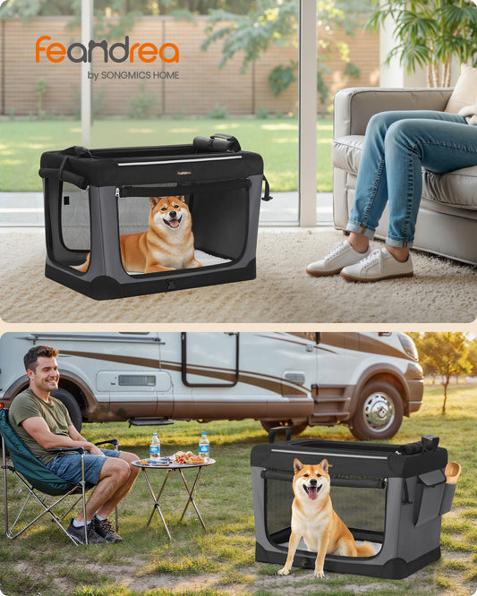 30-Inch Collapsible Dog Crate, Portable Pet Carrier with 4 Mesh Doors & Safety Zippers, Water-Resistant Soft Kennel for Medium Dogs, Ink Black