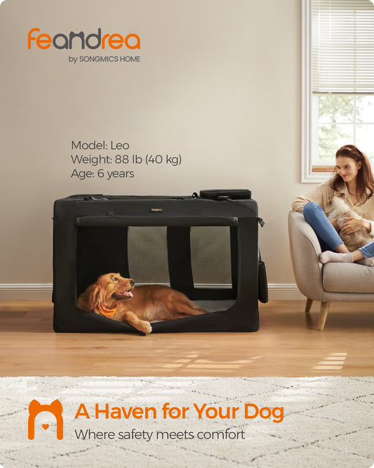 48-Inch Soft Dog Crate, Collapsible Portable for Indoor Outdoor Use - Secure Kennel with Zippers for Home, Car, Travel Camping, Black