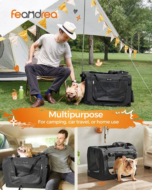 24-Inch Collapsible Dog Crate, Portable Pet Carrier with 3 Doors & Safety Zippers, Water-Resistant Soft Kennel for Small Medium Dogs, Black