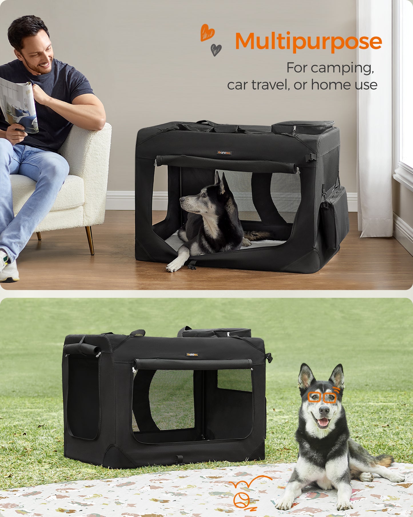 LEDREM 36" Quick-Assembly Foldable Dog Crate ¡§C 3 Doors, Anti-Escape Zippers, Oxford Fabric & Fleece Pad, Portable for Travel, black