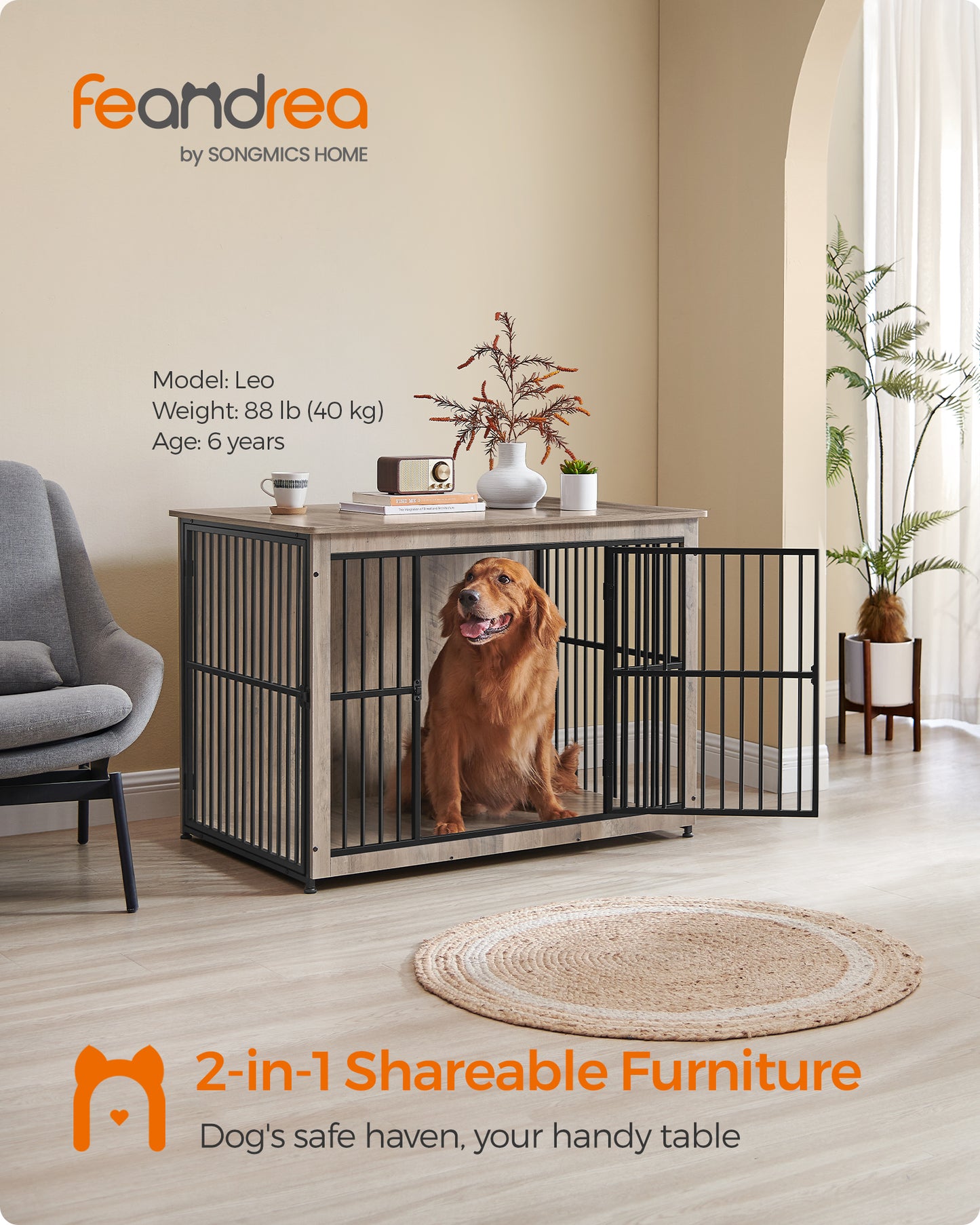 Feandrea Dog Crate Furniture, 43.3" Side End Table, Modern Kennel for Dogs Indoor up to 80 lb, Heavy-Duty Dog Cage with Enclosed Base, Double-Door Dog House, Heather Greige