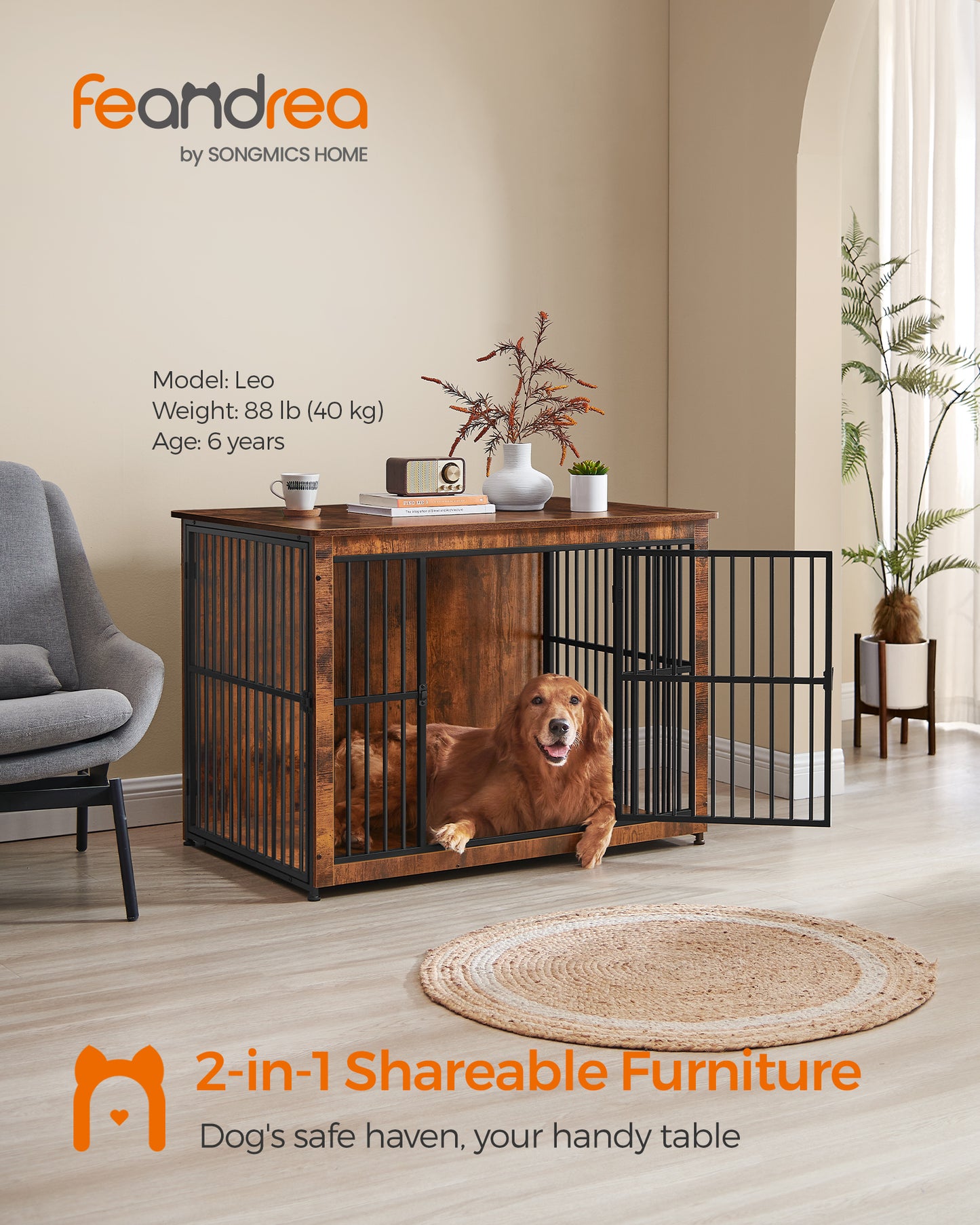 Feandrea Dog Crate Furniture, 43.3" Side End Table, Modern Kennel for Dogs Indoor up to 80 lb, Heavy-Duty Dog Cage with Enclosed Base, Double-Door Dog House, Rustic Brown
