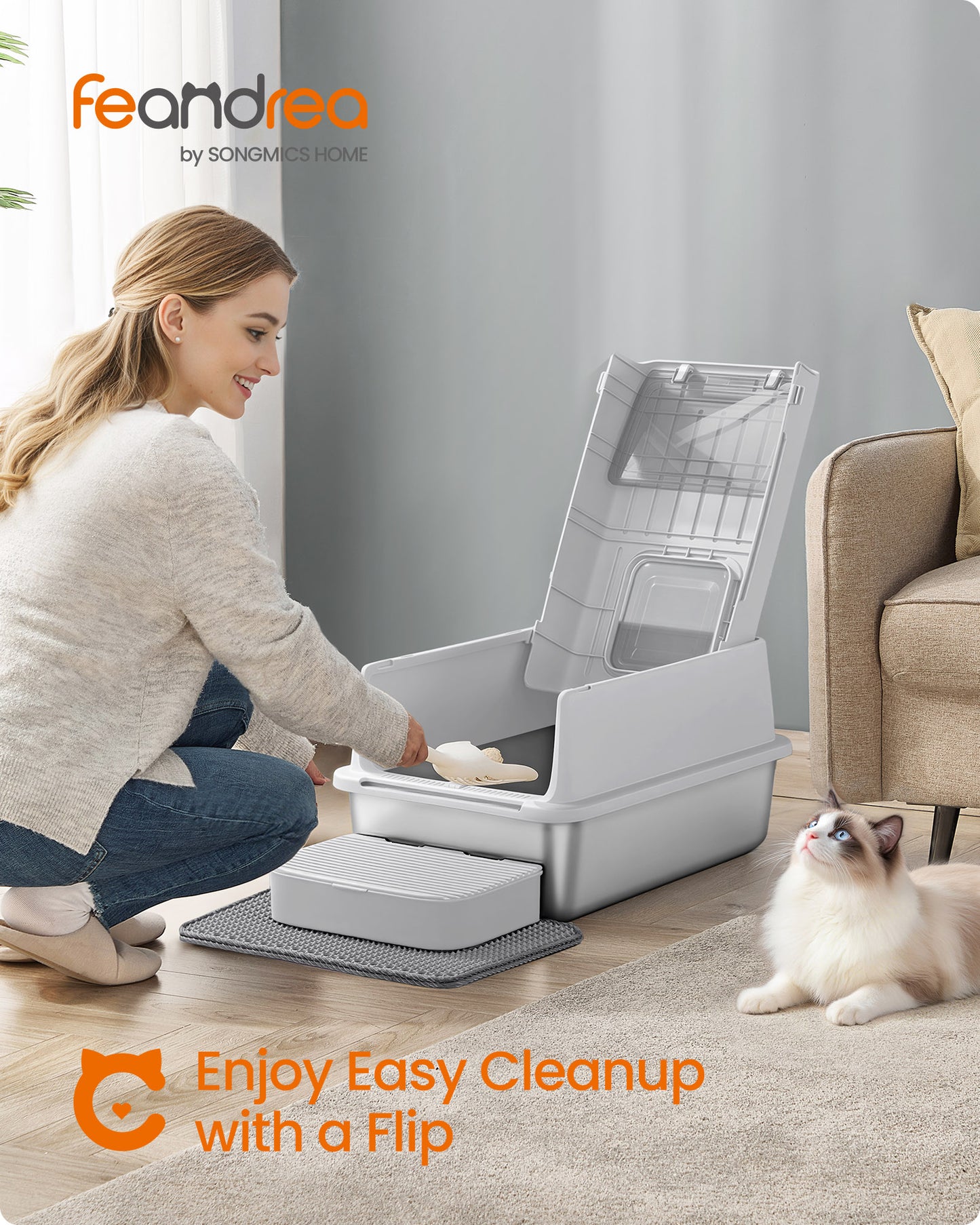 Stainless Steel Cat Litter Box with Flip Lid, 23.6 Inch Enclosed Litter Box with 2 Doors and Leak-Proof Design, for Cats up to 33 lb