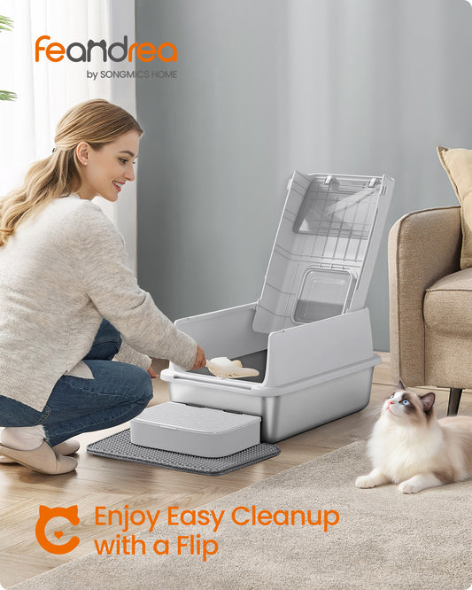 Stainless Steel Cat Litter Box with Flip Lid, 23.6 Inch Enclosed Litter Box with 2 Doors and Leak-Proof Design, for Cats up to 33 lb