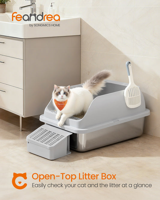 2-Pack Stainless Steel Cat Litter Boxes, High-Sided Open Top Litter Trays with Step & Scoop, for Cats up to 33 lb, Dove Gray