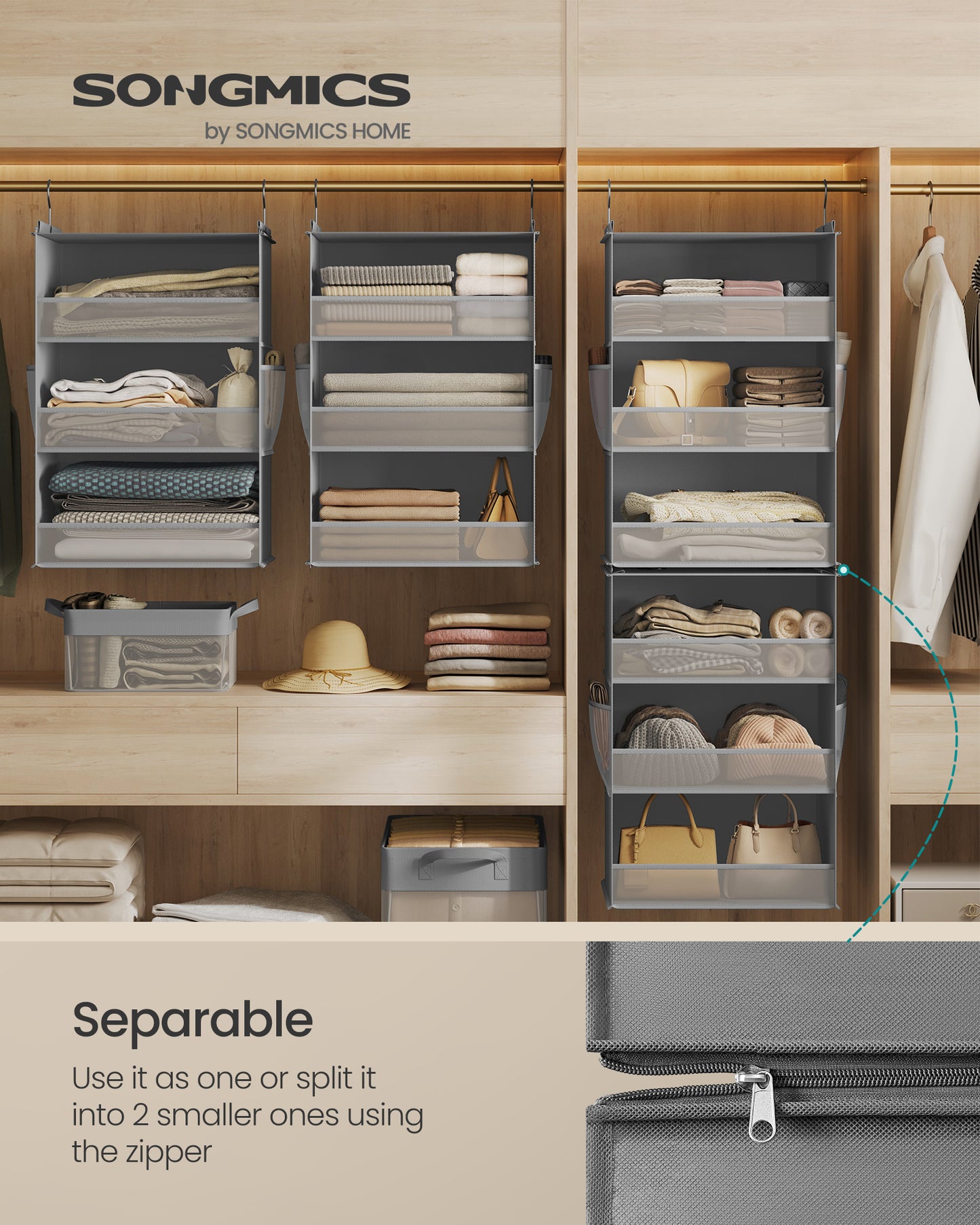 Set of 2 Hanging Closet Organizers with Bamboo Inserts, 6-Tier Separable Fabric Storage Shelves with Side Pockets, Dove Gray
