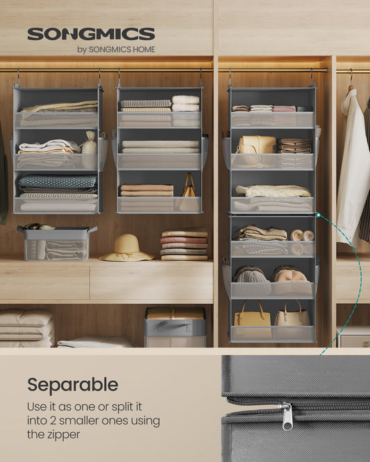 Set of 2 Hanging Closet Organizers with Bamboo Inserts, 6-Tier Separable Fabric Storage Shelves with Side Pockets, Dove Gray