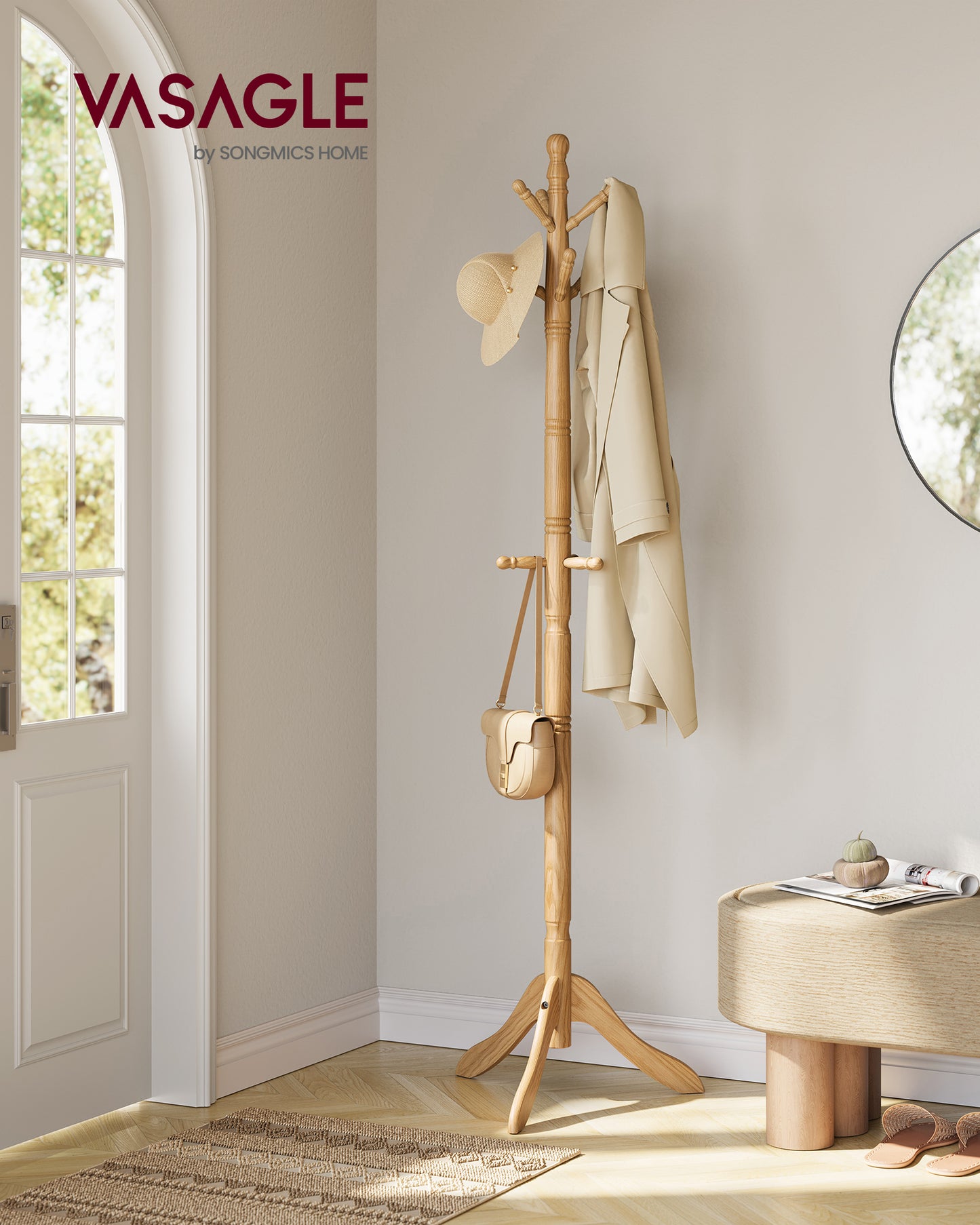 Natural Beige Solid Wood Coat Rack. Made of rubberwood, it's free - standing. Features 10 hooks . Perfect for entryways and hallways.