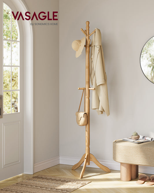 Natural Beige Solid Wood Coat Rack. Made of rubberwood, it's free - standing. Features 10 hooks . Perfect for entryways and hallways.