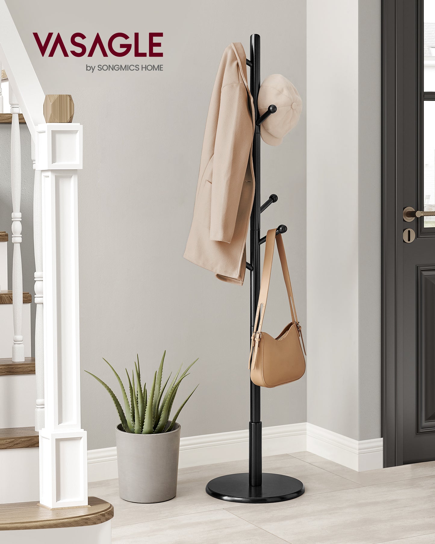 Freestanding Solid Wood Coat Rack with 7 Hooks, 3 Height Options, 44 lb Capacity for Entryway Hallway, Rubberwood, Black