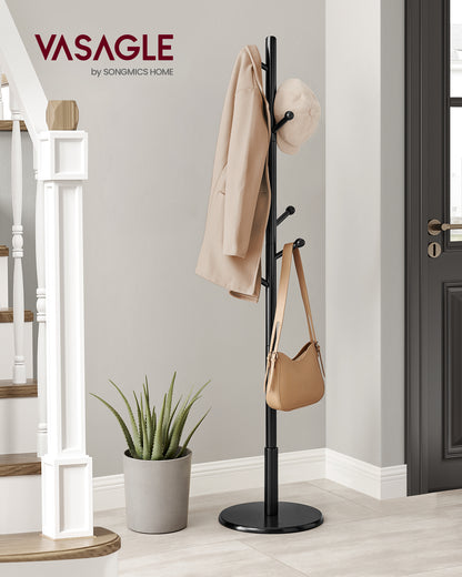 Freestanding Solid Wood Coat Rack with 7 Hooks, 3 Height Options, 44 lb Capacity for Entryway Hallway, Rubberwood, Black