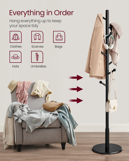 Freestanding Solid Wood Coat Rack with 7 Hooks, 3 Height Options, 44 lb Capacity for Entryway Hallway, Rubberwood, Black