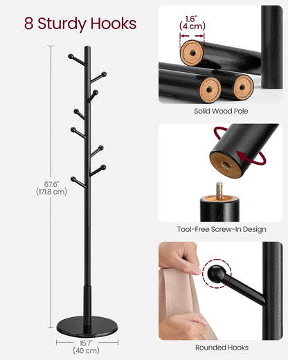 Freestanding Solid Wood Coat Rack with 7 Hooks, 3 Height Options, 44 lb Capacity for Entryway Hallway, Rubberwood, Black